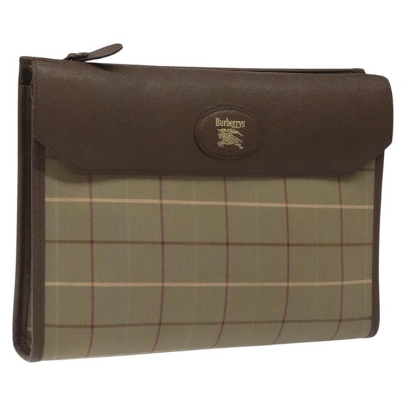 Vintage Burberrys Nova Check Document Pouch Clutch Brown Leather Trim
